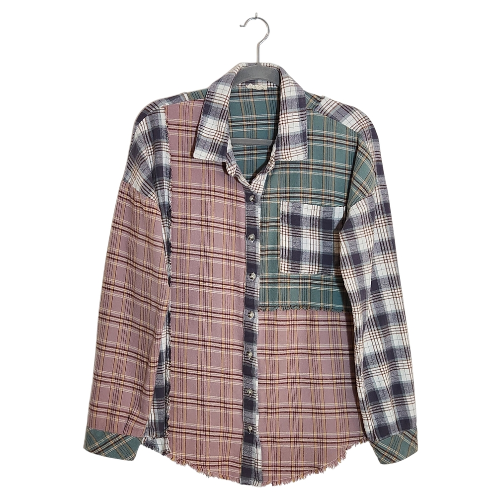 Hem & Thread Multi-Color Plaid Flannel Button Down Shirt Size Medium